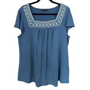 Adrianna Papell Women's Plus Embroidered Blue Square Neck Blouse Size 1X